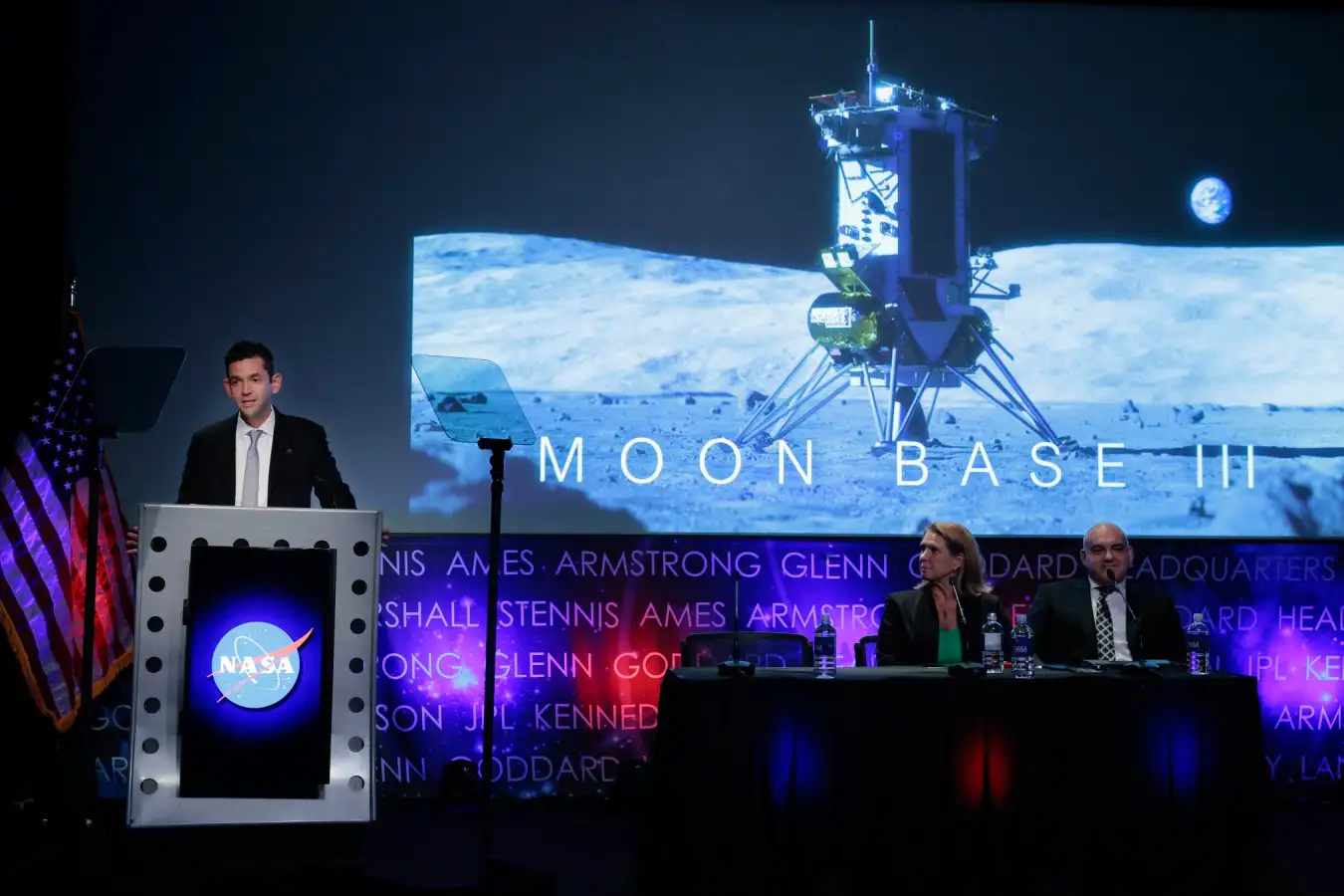 NASA administrator Jared Isaacman (left) announced plans to establish a permanent presence on the moon during a press conference at the agency’s headquarters in Washington DC on 26 May - Chip Somodevilla/Getty Images